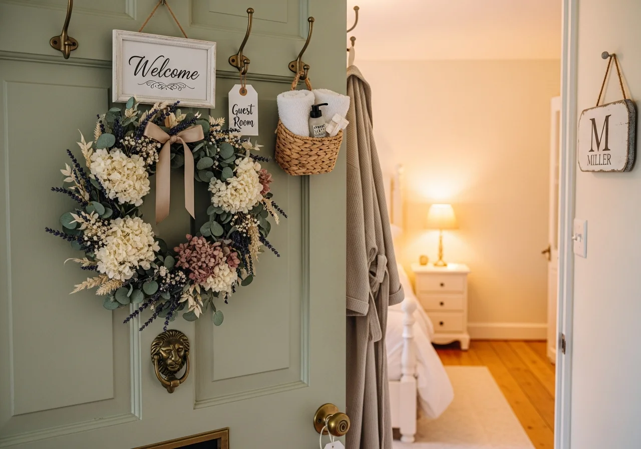 add decorative door wreath and accessories