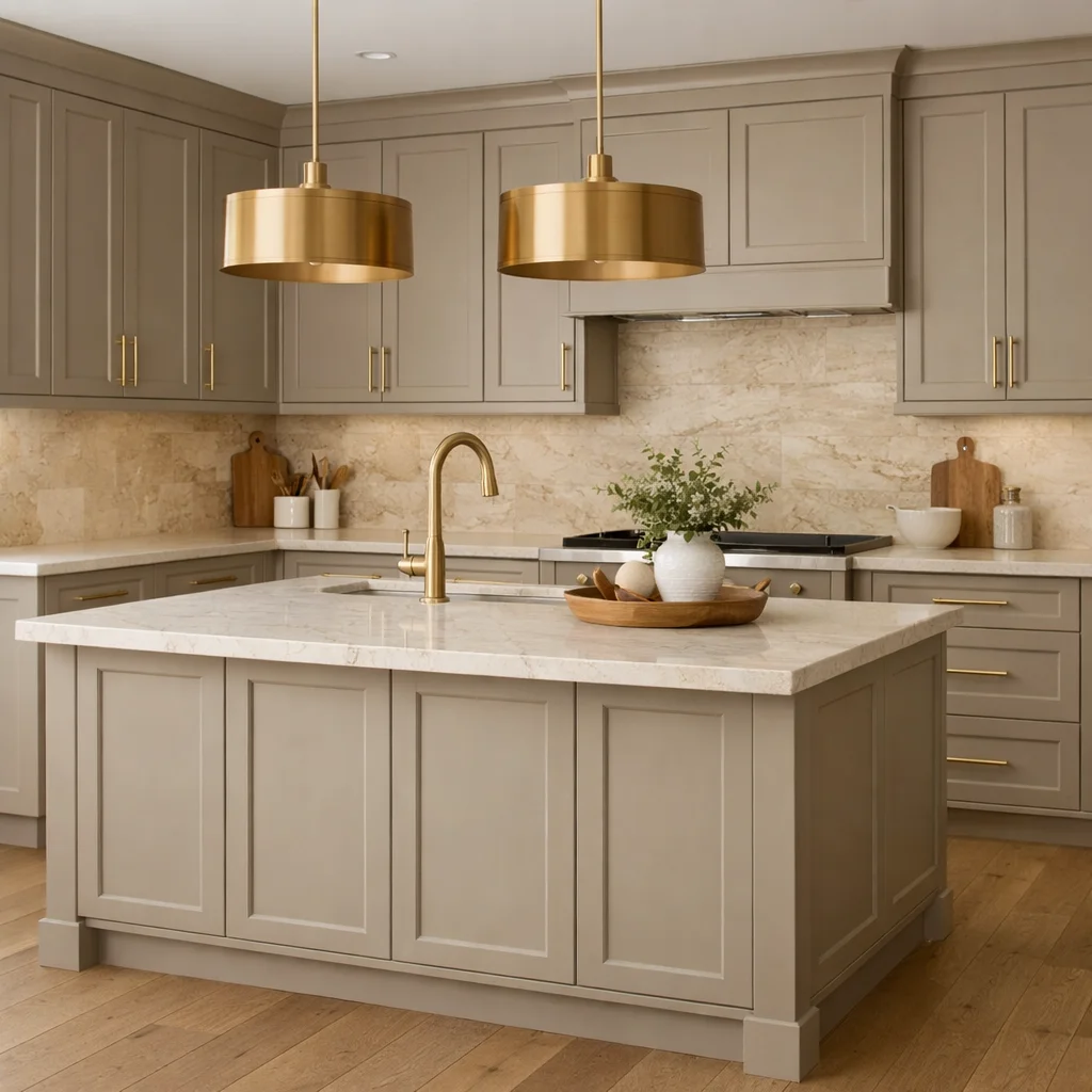 Beige and Greige Cabinets with Gold Hardware Beige and Greige Cabinets with Gold Hardware