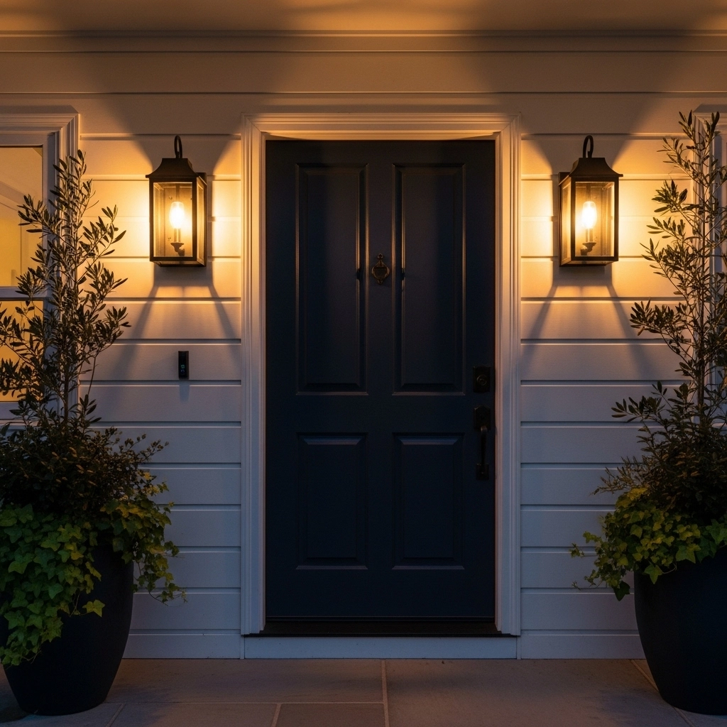Black Lantern Wall Sconces Flanking the Front Door