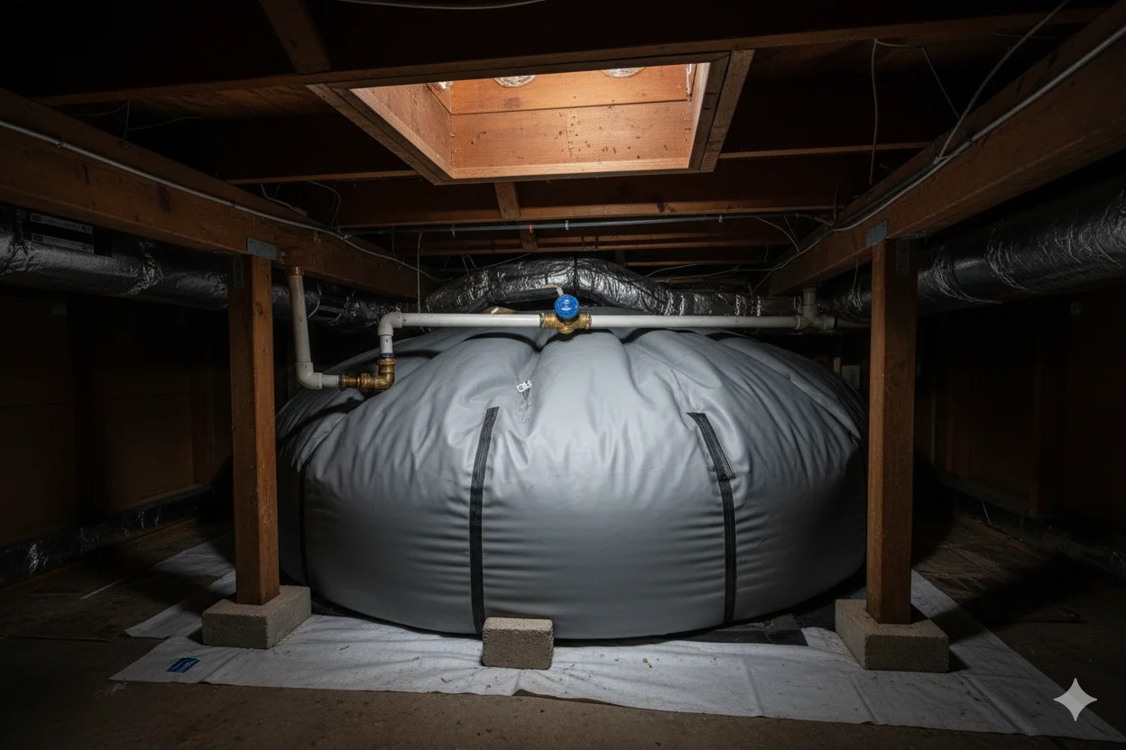 Bladder Tank Rainwater Storage System Flexible bladder tank storing rainwater in home crawl space