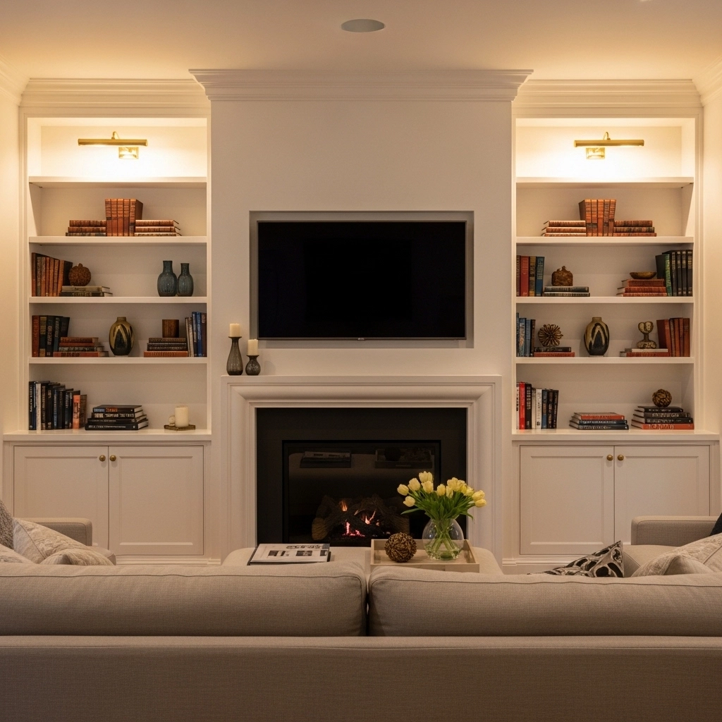 Built In Shelves Flanking the Fireplace