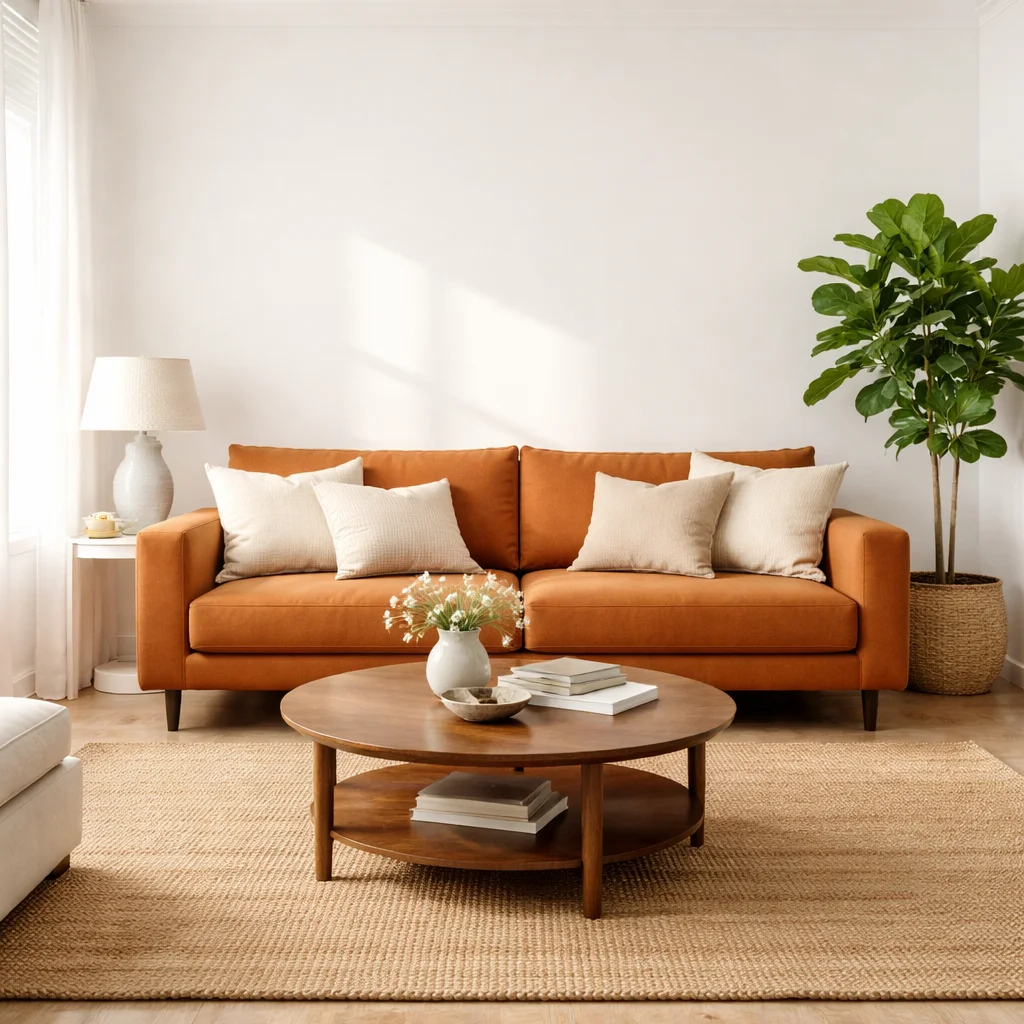 Burnt Orange Couch Against Crisp White Walls