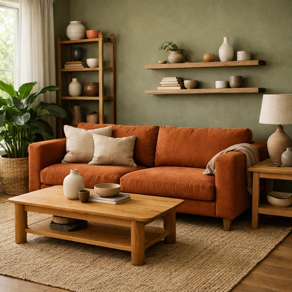 Burnt Orange Sofa Paired with Olive Green and Natural Wood