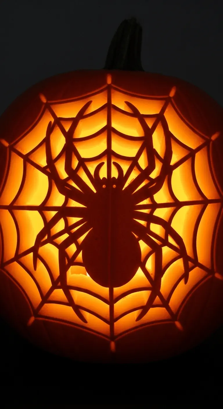 Carved Full Body Spider on a Web Pumpkin