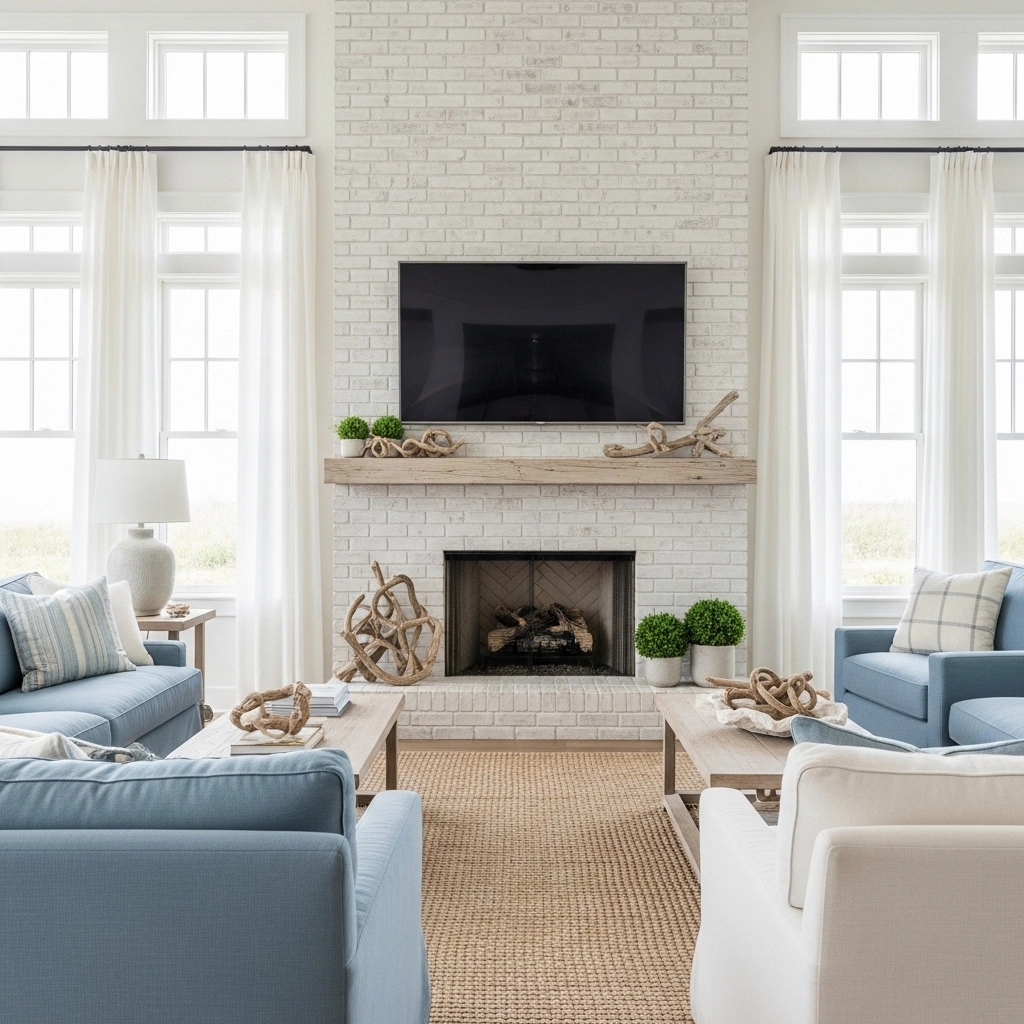 Coastal or Farmhouse White Brick With TV