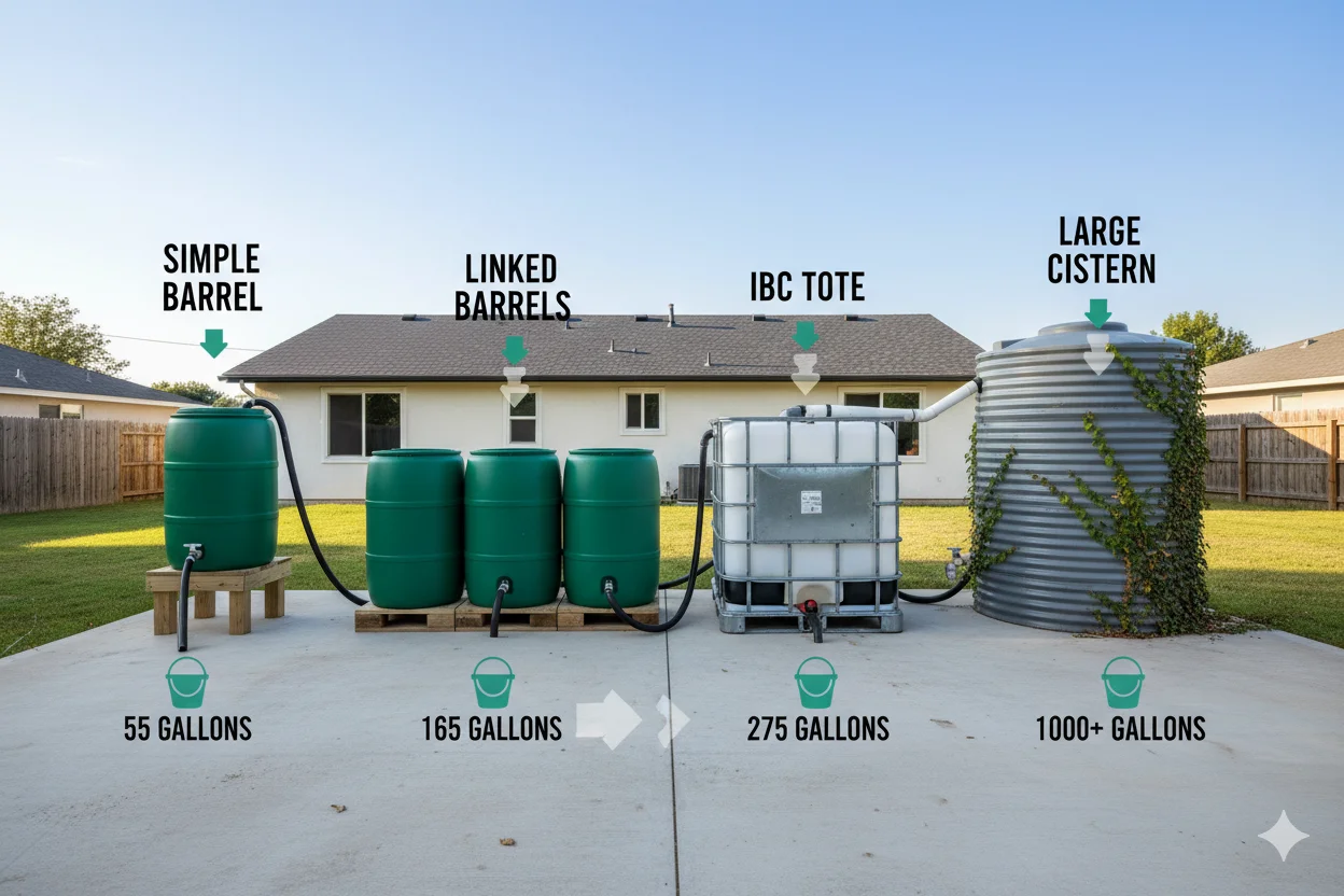 Comparison of different rainwater collection system types from simple barrels to large cisterns Comparison of different rainwater collection system types from simple barrels to large cisterns
