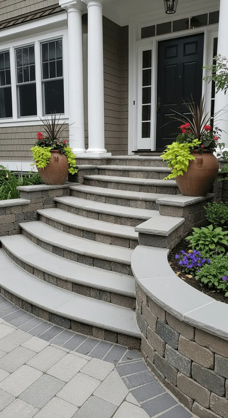 Curved Stone Steps with Flanking Planters