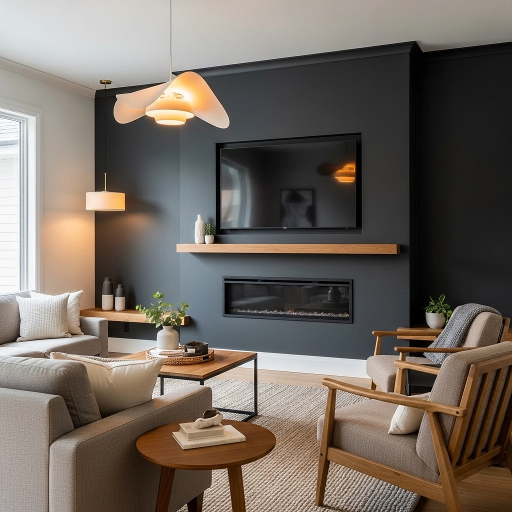 Dark Accent Wall With Floating Mantel and TV