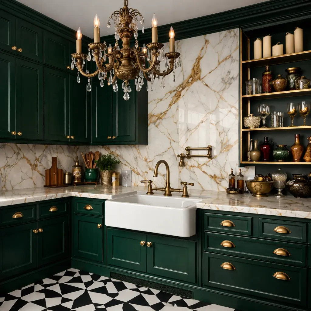 Dark Green Cabinetry with Antique Gold Accents Dark Green Cabinetry with Antique Gold Accents