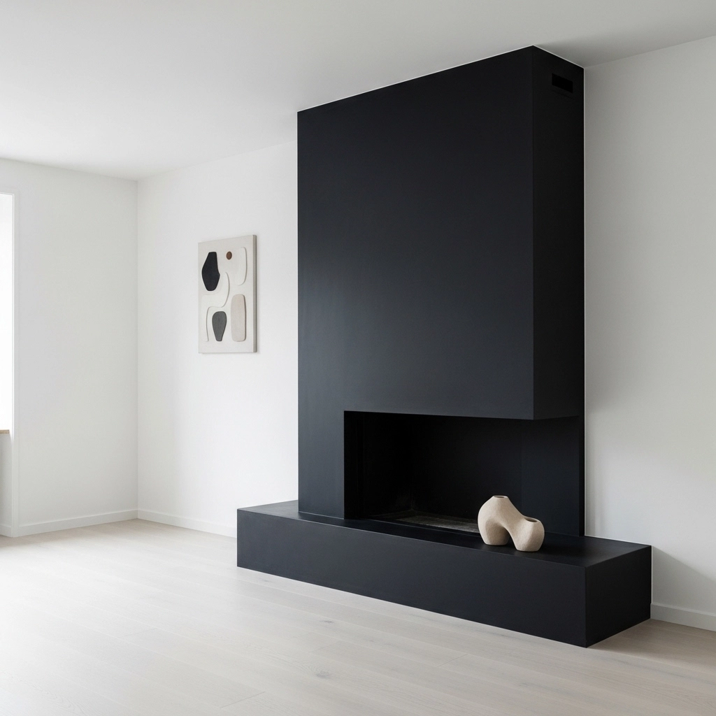 Dark Plaster Fireplace in a White Room