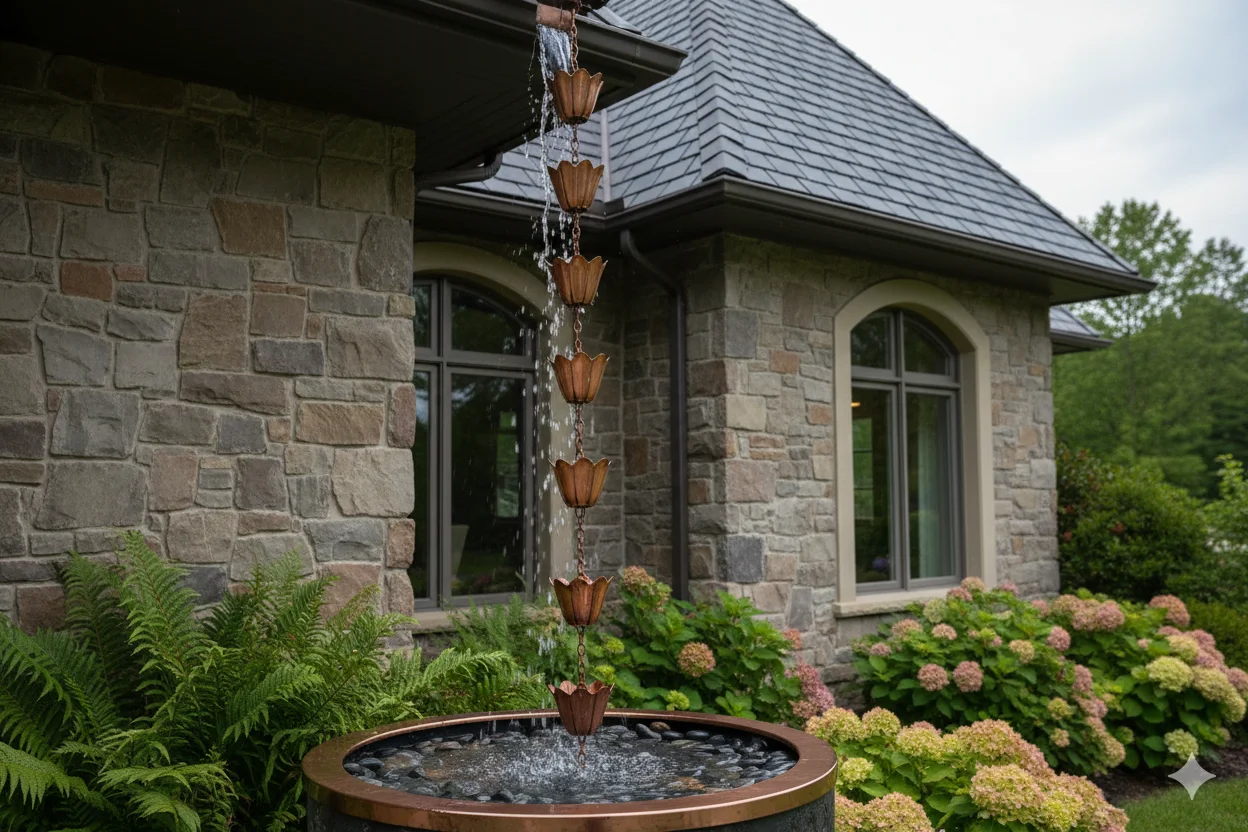 Decorative Rain Chain Water Collection Decorative copper rain chain directing water from roof to collection container