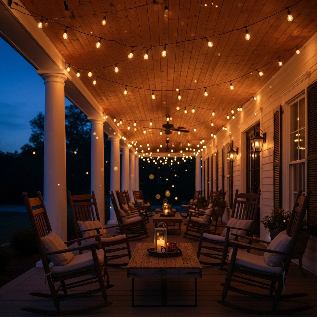 Edison Bulb String Lights Across the Porch