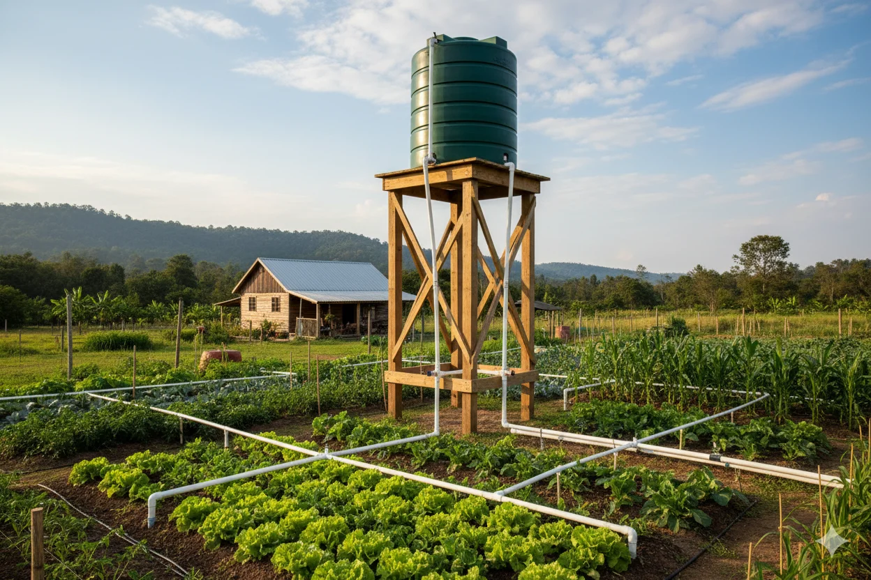 Fed Rainwater Distribution System Elevated rainwater storage tank using gravity to distribute water to irrigation system below