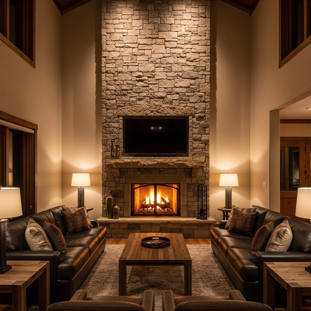 Floor to Ceiling Stone Fireplace Wall With Recessed TV