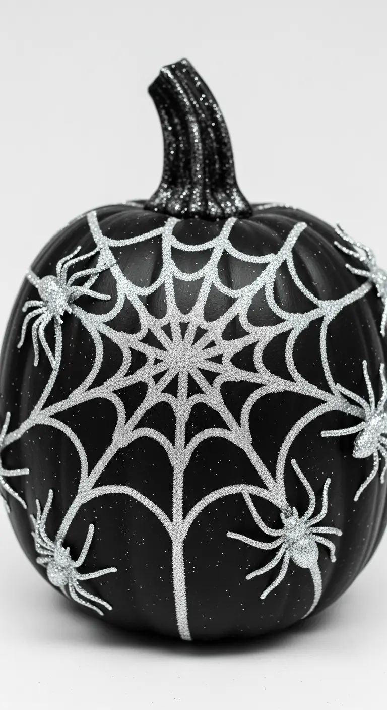 Glitter Glue Spider Web on a Black Pumpkin