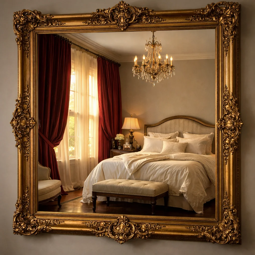 Gold Mirrors and Burgundy Drapes for Instant Drama Gold Mirrors and Burgundy Drapes for Instant Drama