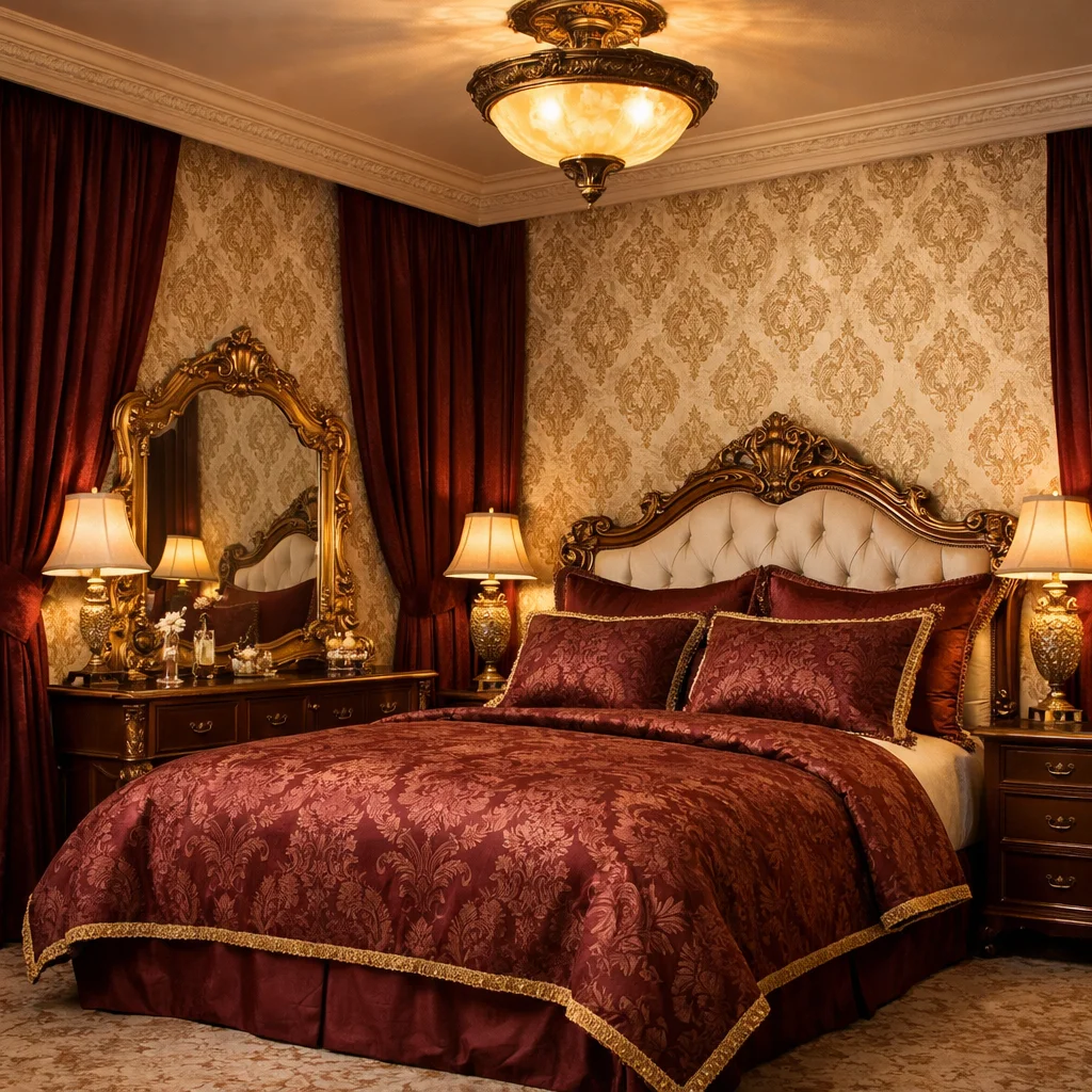 Gold Wallpaper With Burgundy Soft Furnishings Gold Wallpaper With Burgundy Soft Furnishings