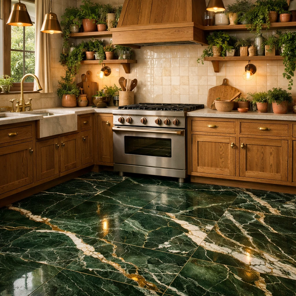 Green Marble Floors for a Nature Inspired Kitchen