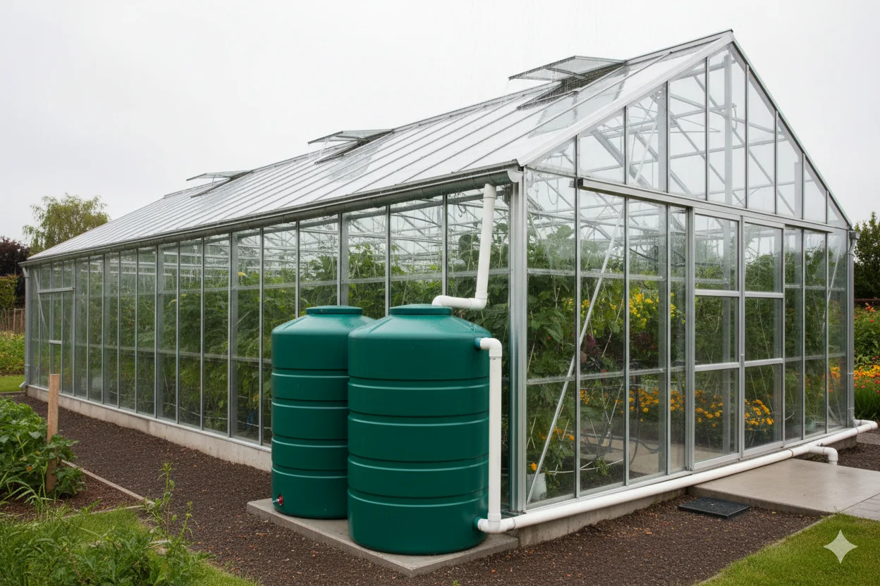 Greenhouse Rainwater Collection Integration Greenhouse with integrated rainwater collection system and nearby storage tanks