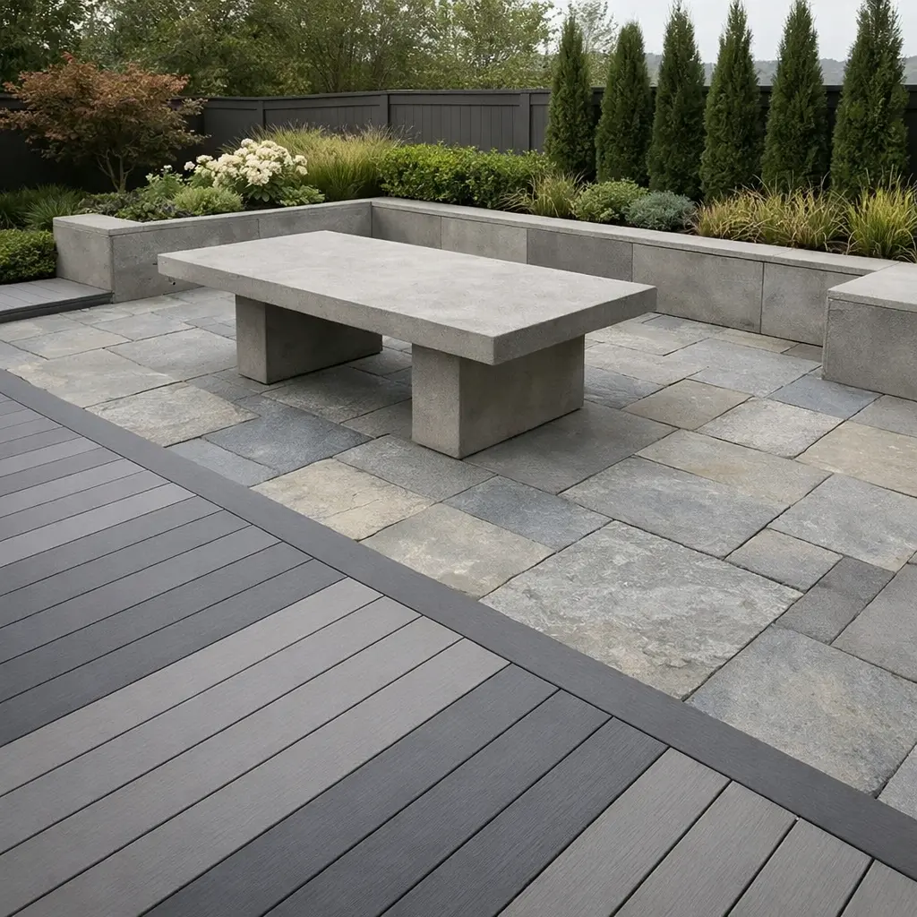 Grey Decking with Concrete and Stone Integration