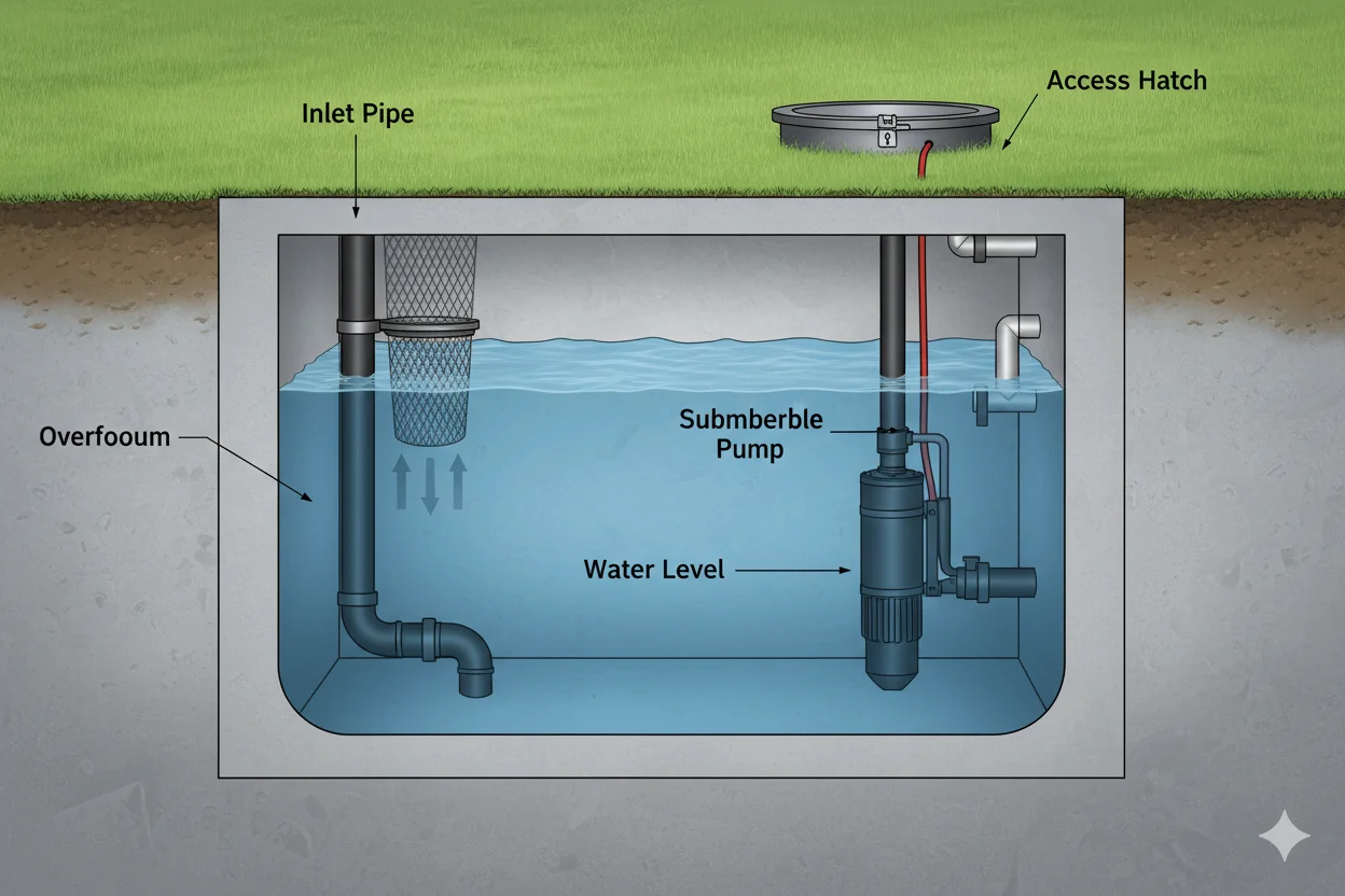 Ground Cistern for Rainwater Storage Large above-ground water cistern on elevated platform connected to home gutter system