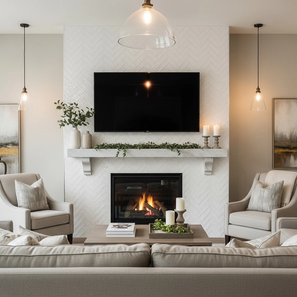 Herringbone Tile Fireplace Surround With TV