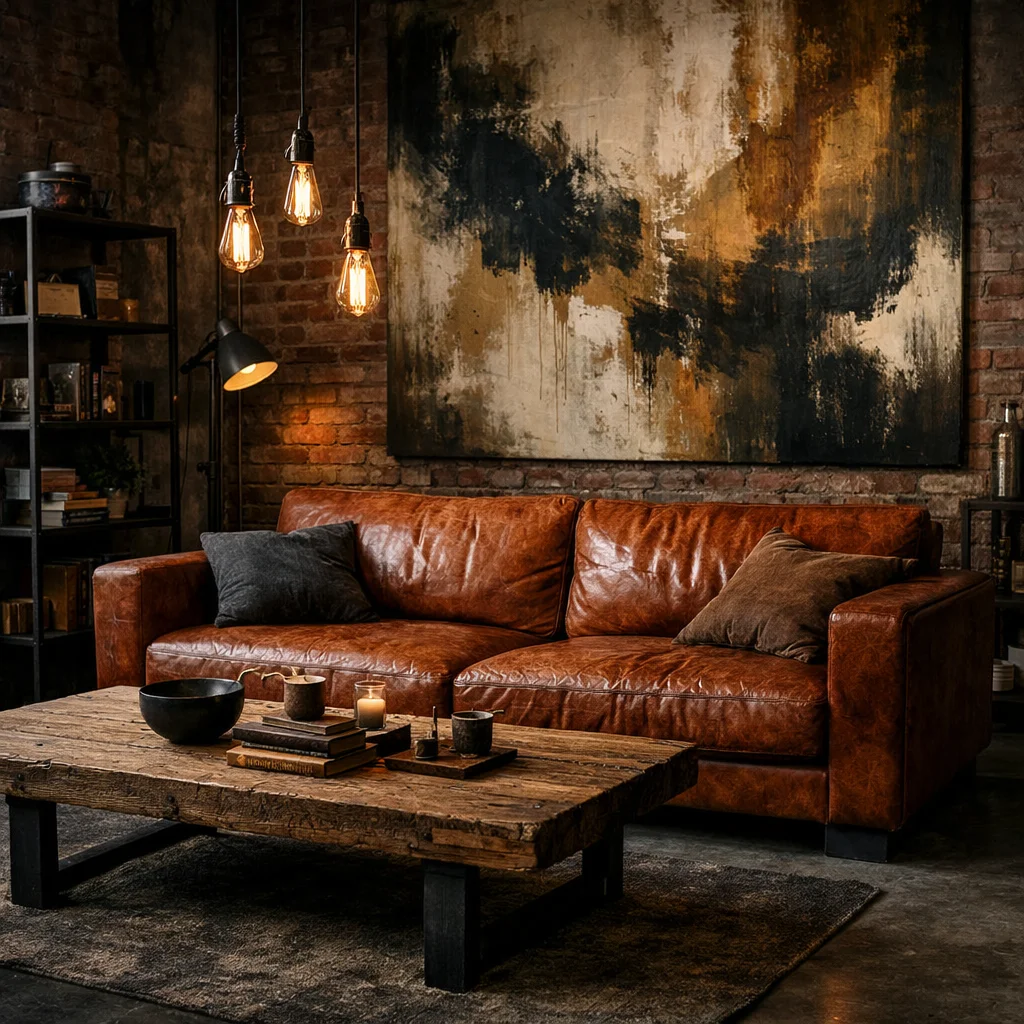 Industrial Living Room with a Rust Leather Orange Couch