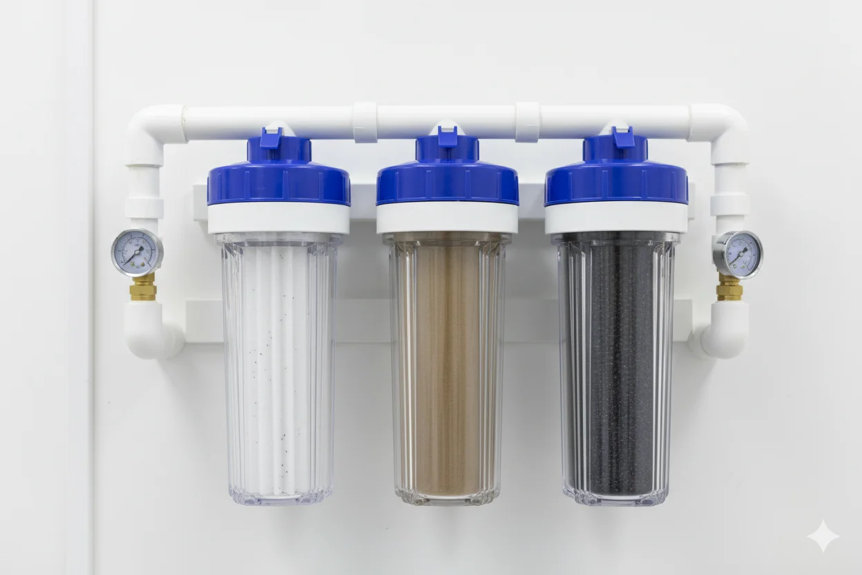 Integrated Rainwater Filtration System Multi-stage filtration system with various filters for cleaning collected rainwater
