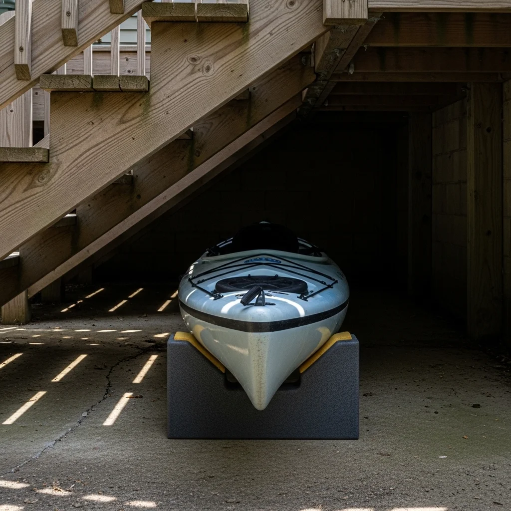 Kayak Stored Under a Staircase Overhang Kayak Stored Under a Staircase Overhang
