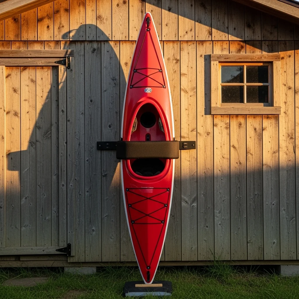 Kayak Stored Vertically Against a Shed Exterior Kayak Stored Vertically Against a Shed Exterior