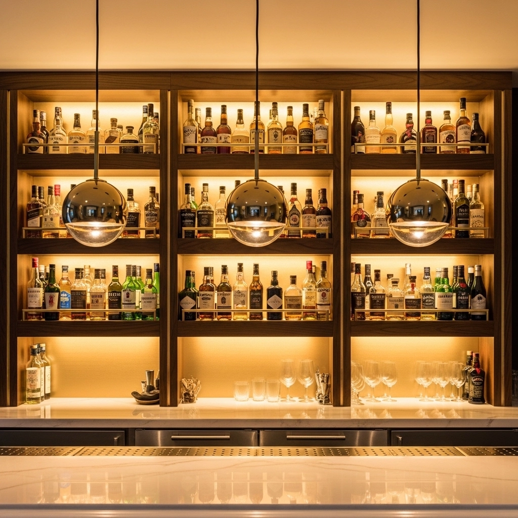 Layer Pendant Lights Over the Bar Wall