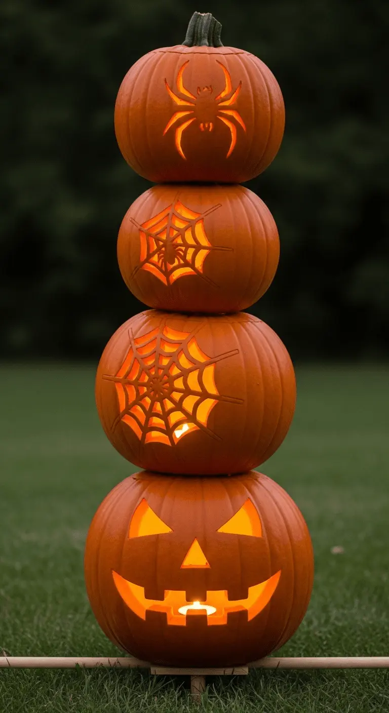 Layered Stacked Pumpkin Spider Web Scene