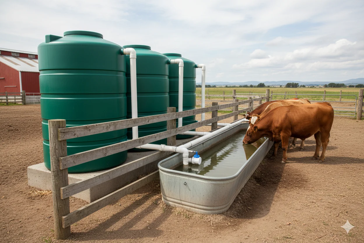 Livestock Watering Rainwater System Rainwater collection system providing water to livestock through automatic watering troughs