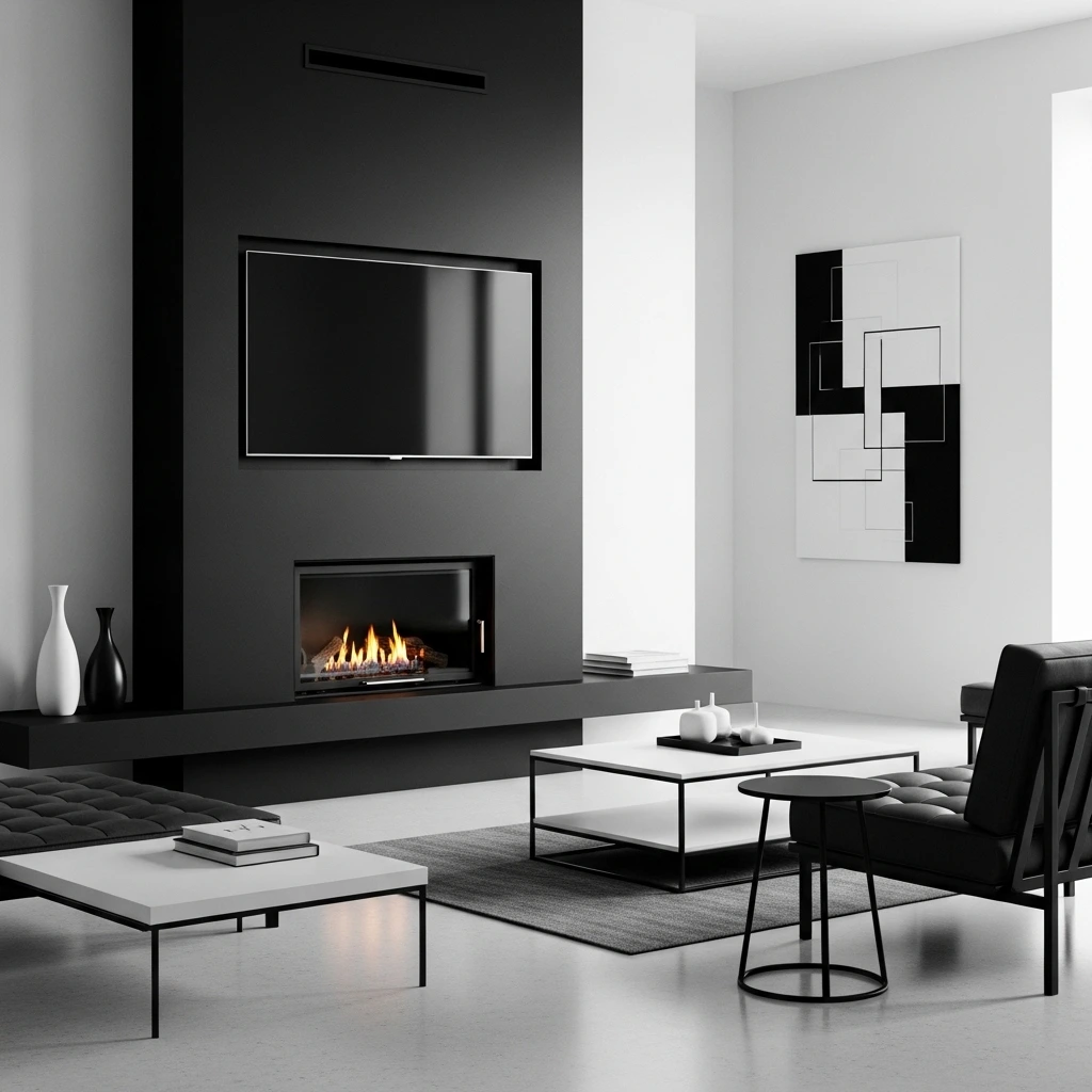 Modern Black Fireplace With White Walls