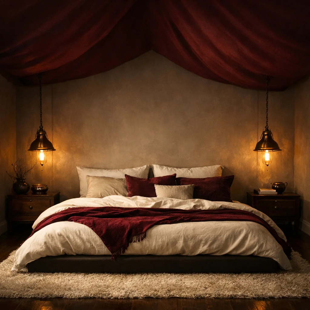 Moody Burgundy Ceiling With Gold Pendant Lighting Moody Burgundy Ceiling With Gold Pendant Lighting