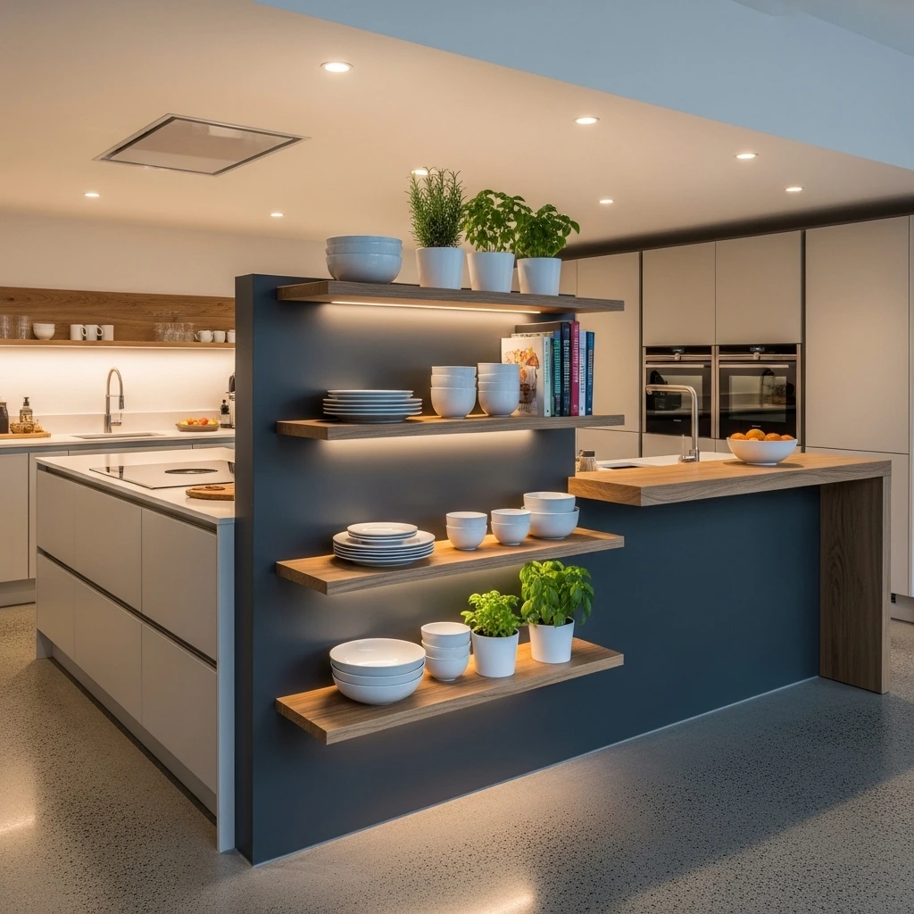 Open Shelving on the Peninsula Back Panel Open Shelving on the Peninsula Back Panel