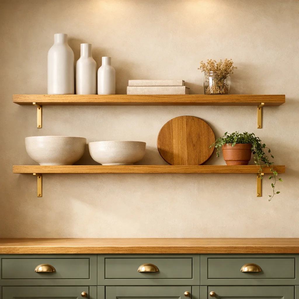 Open Shelving with Gold Brackets and Accents Open Shelving with Gold Brackets and Accents