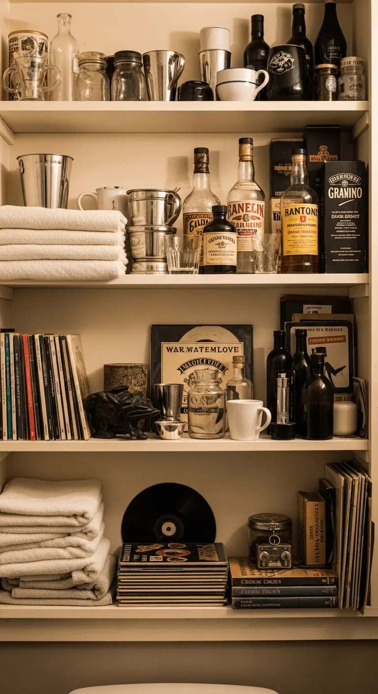 Open shelving in a dive bar bathroom