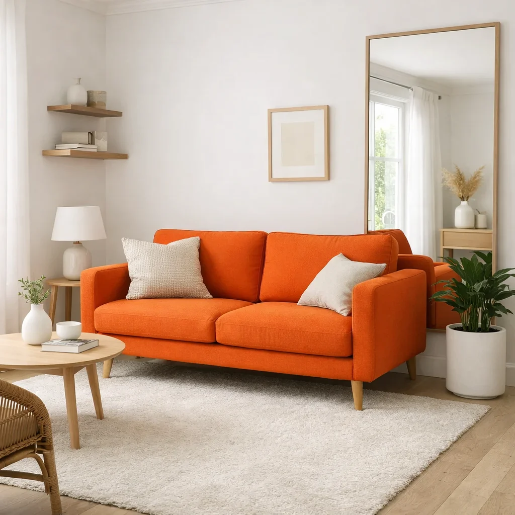 Orange Couch Styled for a Small Living Room