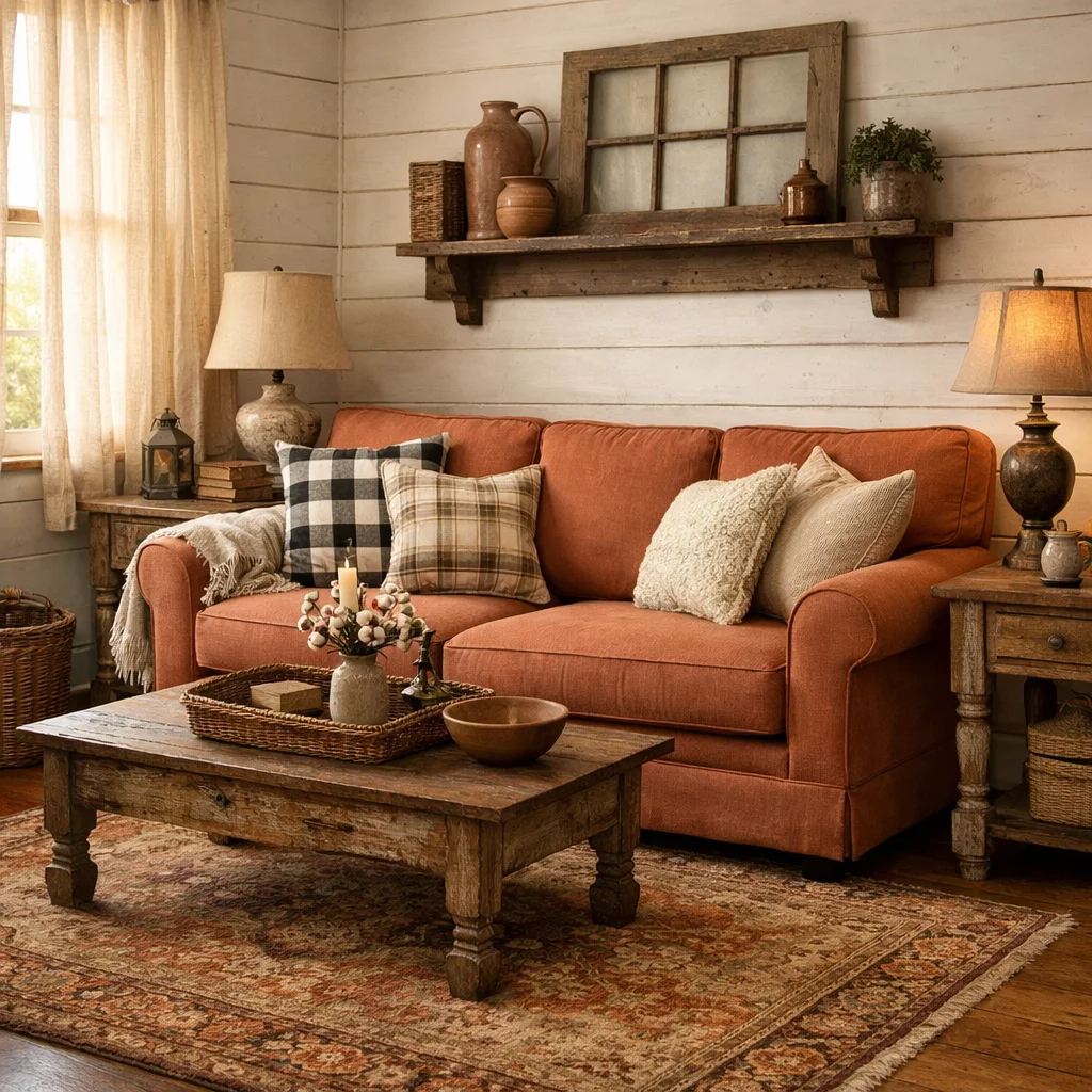 Orange Couch in a Farmhouse Style Living Room