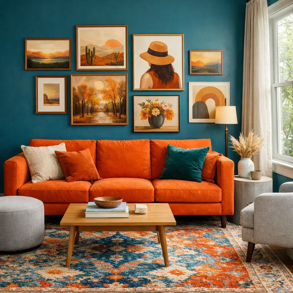 Orange Couch in a Teal and Orange Color Scheme