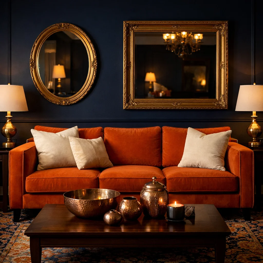 Orange Couch with Navy Blue Walls