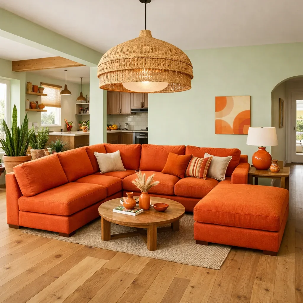 Orange Sectional in an Open Plan Living Space