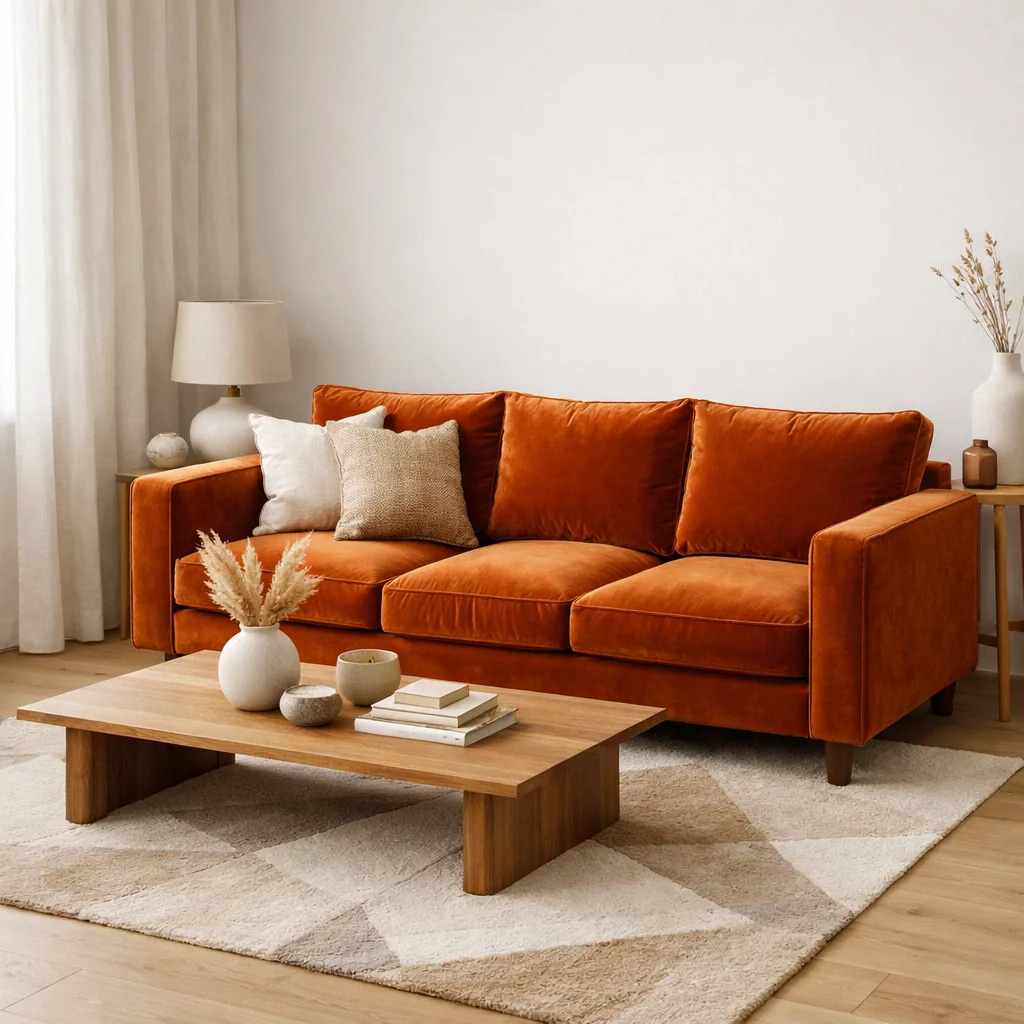 Orange Velvet Sofa in a Scandinavian Inspired Room