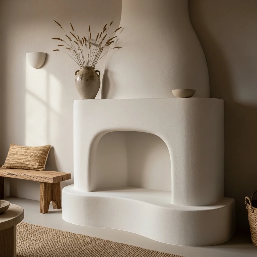 Organic Curved Plaster Fireplace