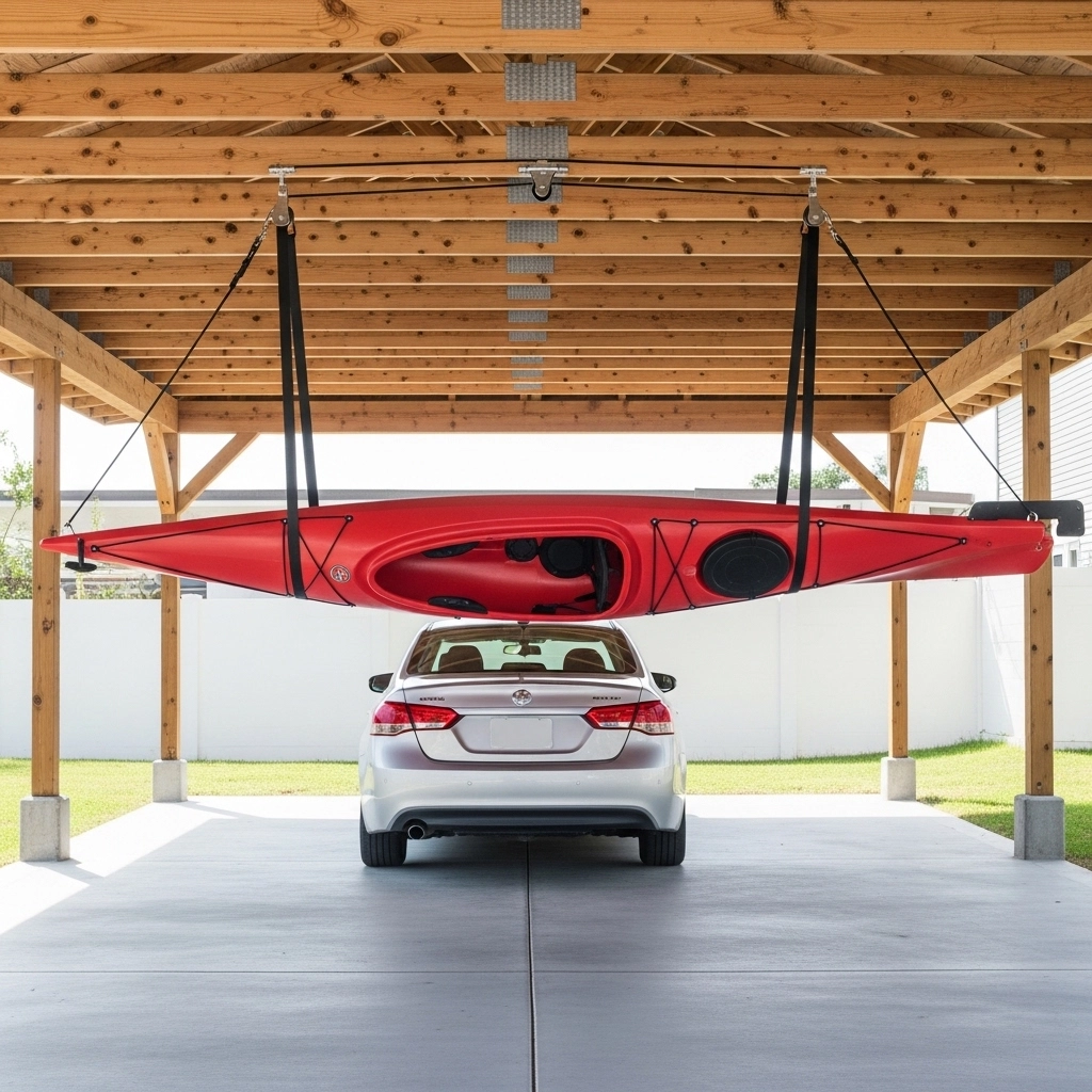 Overhead Pulley Hoist Under a Carport Overhead Pulley Hoist Under a Carport