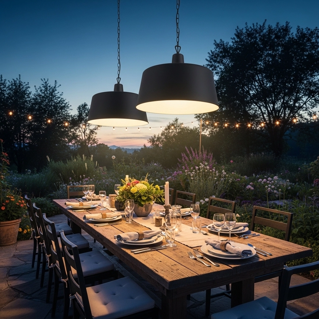 Pendant Lights Above an Outdoor Dining Space