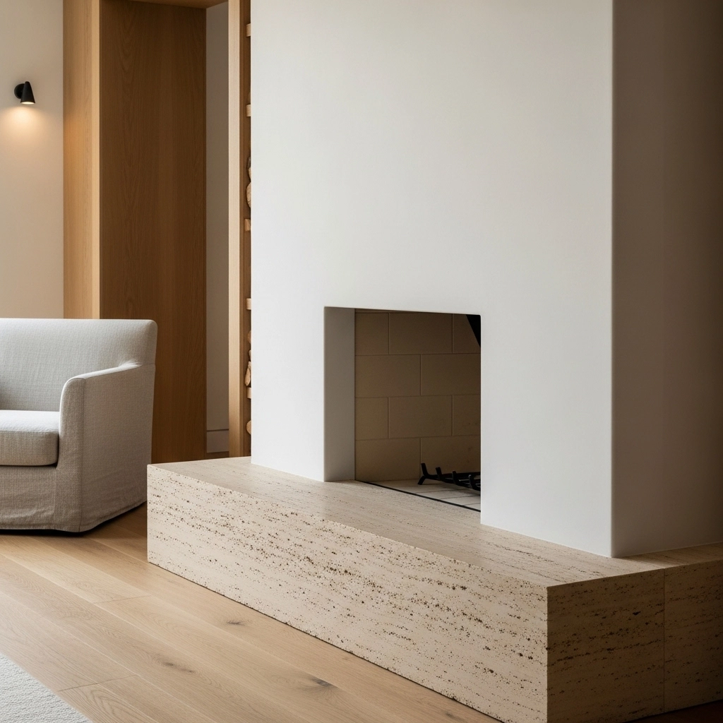 Plaster Fireplace with Natural Stone Hearth