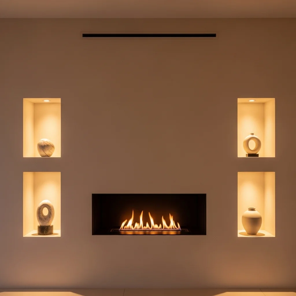 Plaster Fireplace with Recessed Shelving and Uplighting