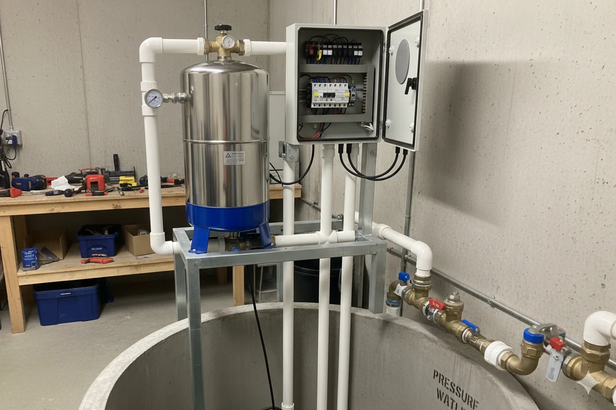 Pumped Rainwater Distribution Network Electric pump system distributing rainwater from storage tank through pressurized pipes